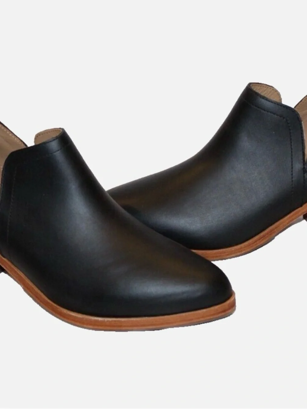 Nisolo Black Leather Ankle Booties with Tan Wood Heel